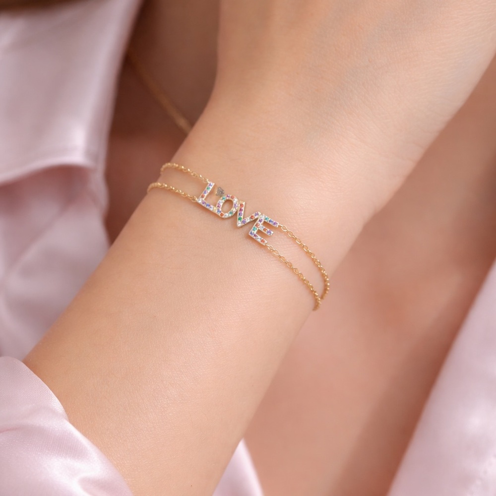 Gold LOVE Bracelet Multicolor Crystal Pavé Dainty Double Chain Stackable Gift - Picture 5 of 5